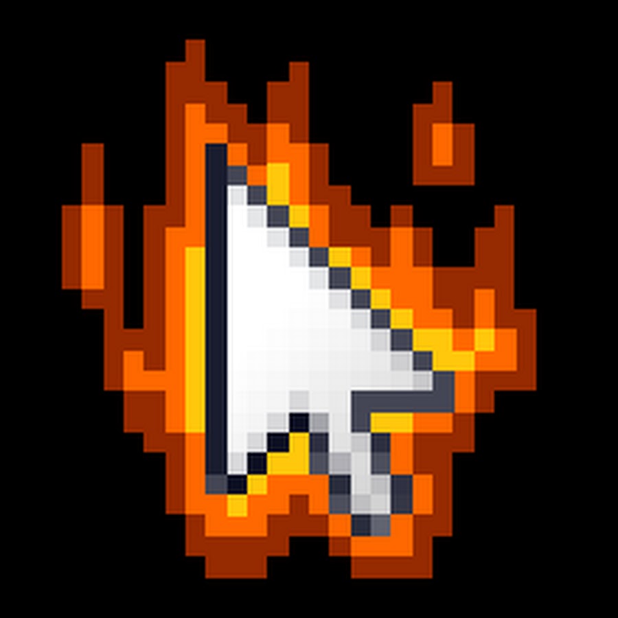 A graphic depicting a computer cursor surrounded by pixel fire.