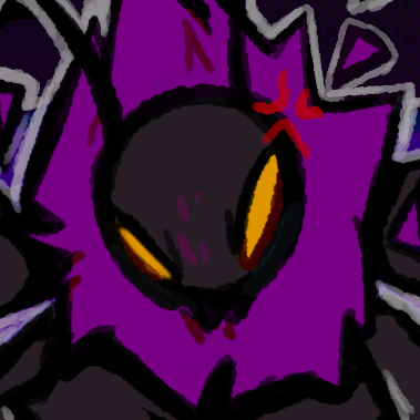 A closeup of Purple's face.