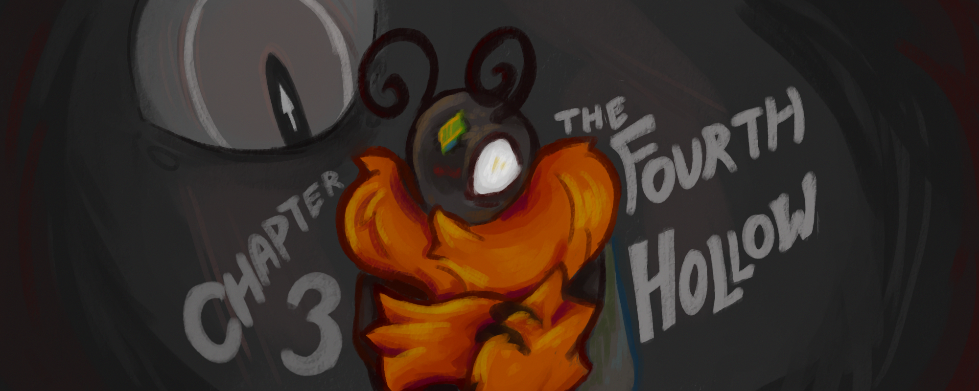 A drawing of the Second Coming, a small bee, looking at the camera while holding his arm. The Omega's eye is staring at him from behind, with the text 'Chapter 3: The Fourth Hollow' next to him.