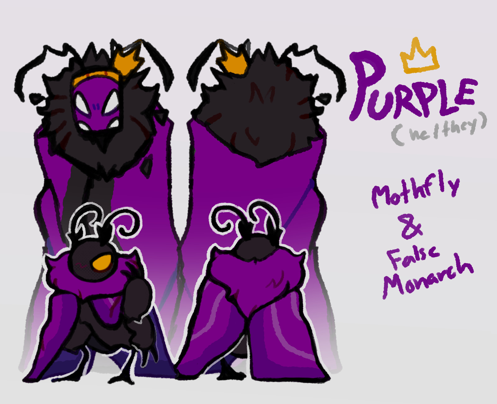 A full body drawing of Purple, both in the False Monarch outfit and as a single mothfly.