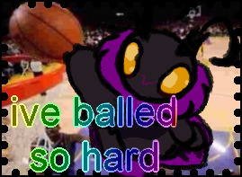 A stamp of a purple anthro mothfly slam dunking a basketball with the text 'ive balled so hard'